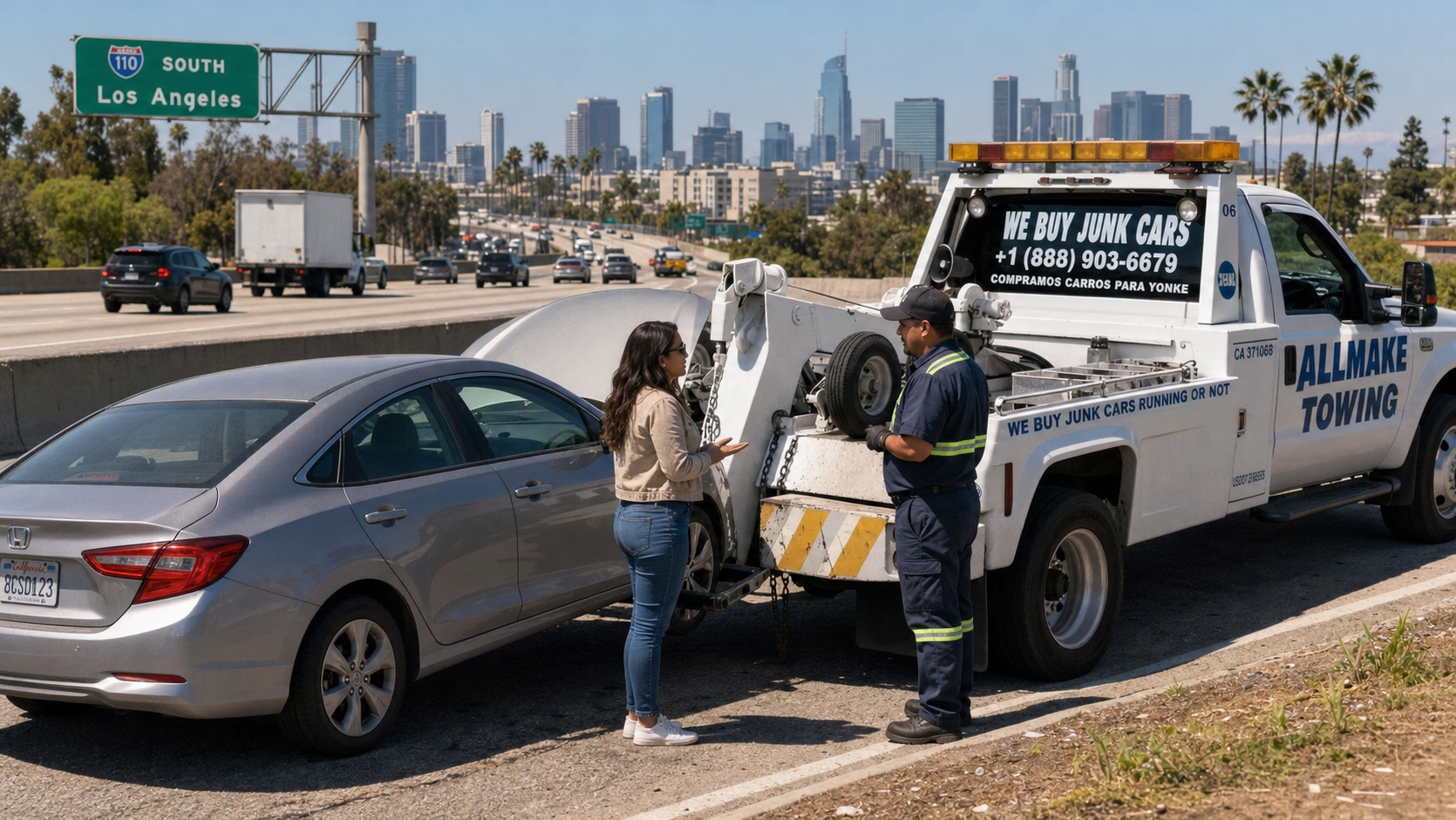 Tow truck lifting broken down car