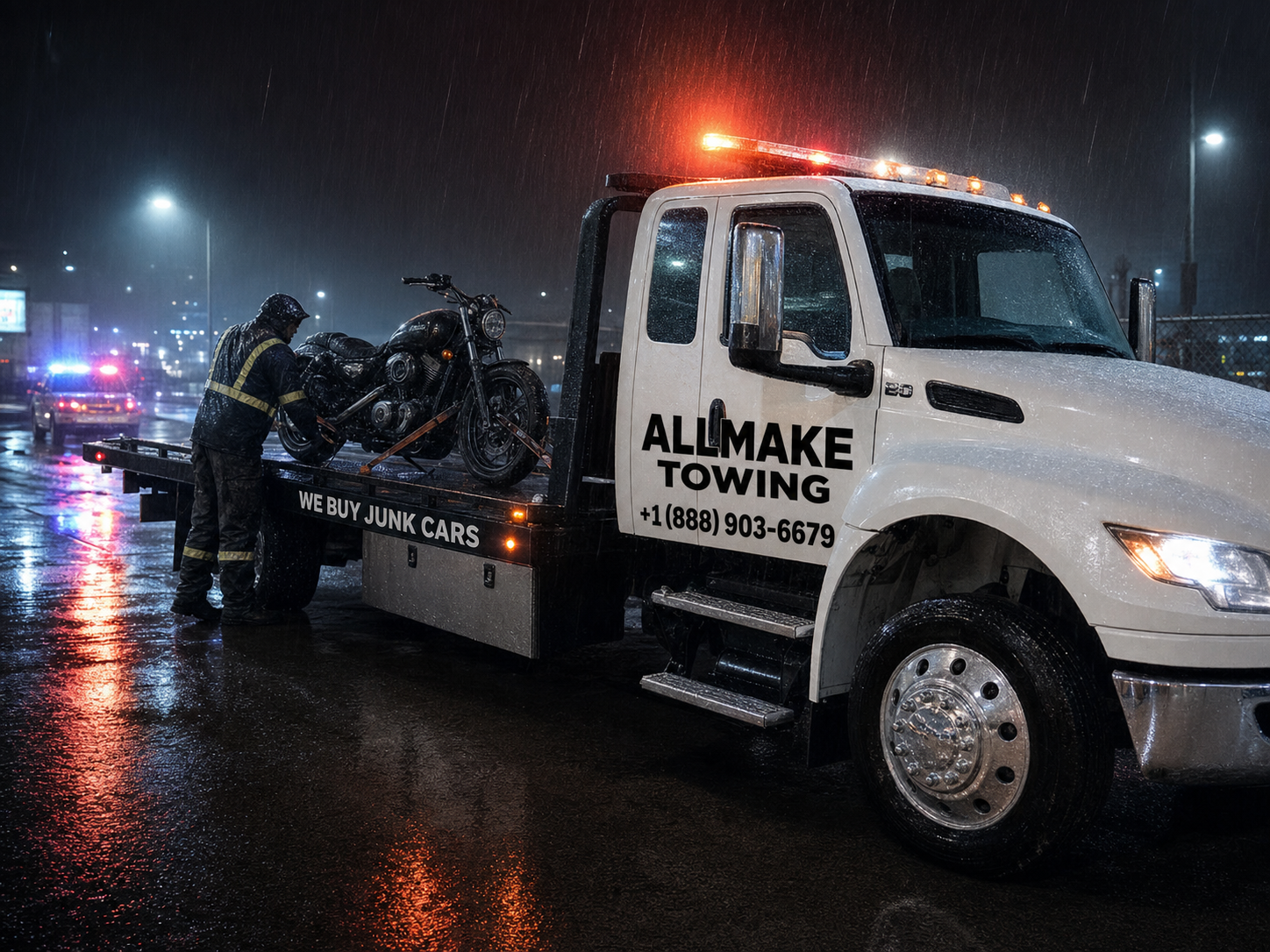 Towing operator securing motorcyle on flatbed tow truck